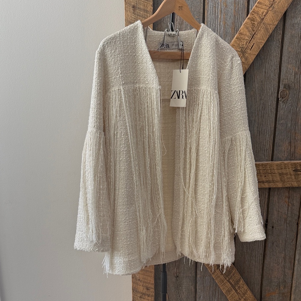 NWT Zara ivory textured fringe jacket- Size M